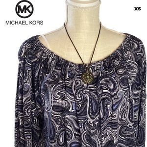 Michael Kors XS Off The Shoulder Women's Black Paisley Print Long Sleeve